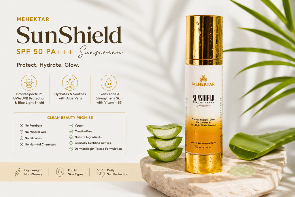 Mehektar SunShield SPF 50 PA+++ Sunscreen with Aloe Vera and Vitamin B3 for daily UV and blue light protection