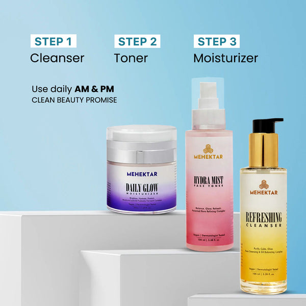 MEHEKTAR Oasis Daily Care Combo | Cleanser + Toner + Moisturizer | Complete Daily Skincare Routine | Gift Box