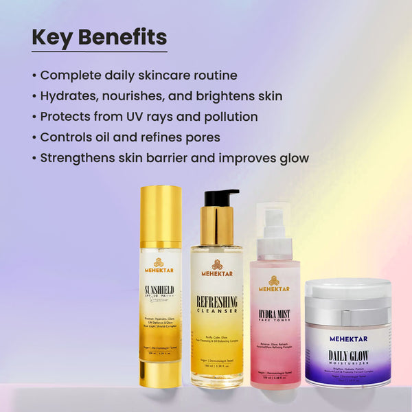 MEHEKTAR Optimal Skincare Combo | Cleanser + Toner + Moisturizer + Sunscreen SPF 50 PA+++ | Complete AM Routine | Premium Gift Box