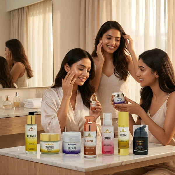 Morning and night skincare routine using MEHEKTAR products including cleanser toner serum moisturizer and sunscreen