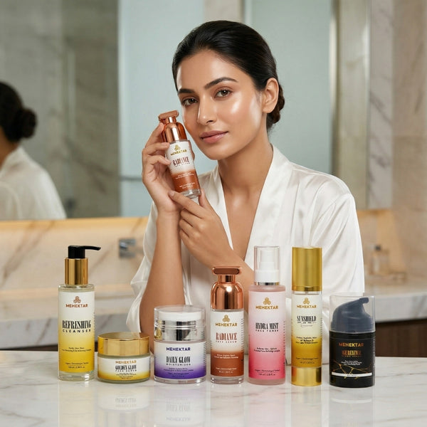 MEHEKTAR complete skincare range lineup with cleanser toner serum moisturizer sunscreen and night cream