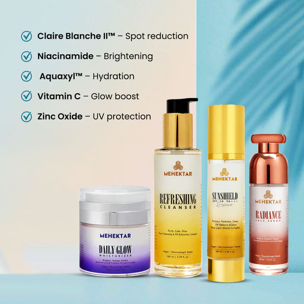 MEHEKTAR Opulent Radiance Combo | Cleanser + Serum + Moisturizer + Sunscreen SPF 50 PA+++ | Glow + Protection Routine | Premium Gift Box