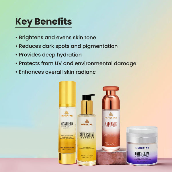 MEHEKTAR Opulent Radiance Combo | Cleanser + Serum + Moisturizer + Sunscreen SPF 50 PA+++ | Glow + Protection Routine | Premium Gift Box