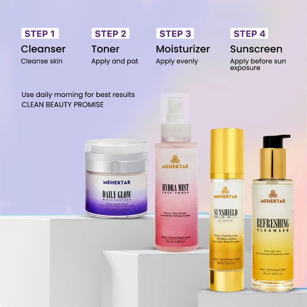 MEHEKTAR Optimal Skincare Combo | Cleanser + Toner + Moisturizer + Sunscreen SPF 50 PA+++ | Complete AM Routine | Premium Gift Box