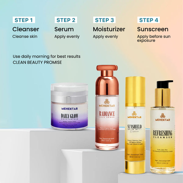 MEHEKTAR Opulent Radiance Combo | Cleanser + Serum + Moisturizer + Sunscreen SPF 50 PA+++ | Glow + Protection Routine | Premium Gift Box