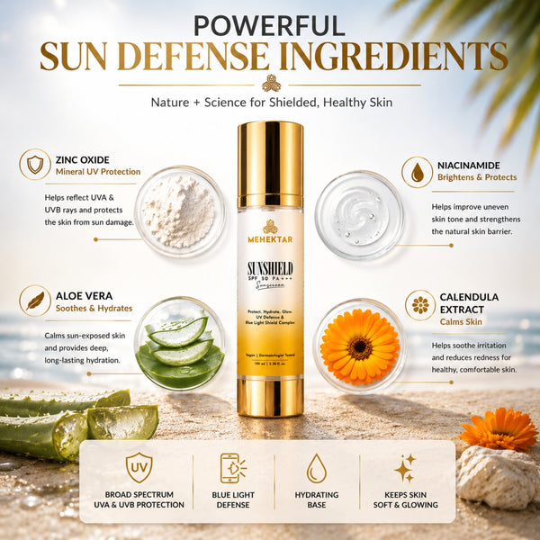 SPF 50 PA+++ Sunscreen for Daily UV Protection in India | MEHEKTAR SunShield with Zinc Oxide 100ml