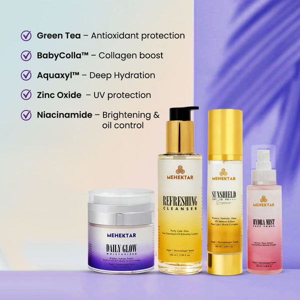 MEHEKTAR Optimal Skincare Combo | Cleanser + Toner + Moisturizer + Sunscreen SPF 50 PA+++ | Complete AM Routine | Premium Gift Box