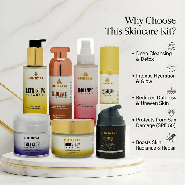 North Indian woman using MEHEKTAR skincare products in a modern vanity routine with glowing skin