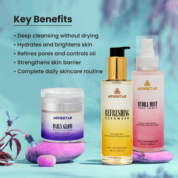 MEHEKTAR Oasis Daily Care Combo | Cleanser + Toner + Moisturizer | Complete Daily Skincare Routine | Gift Box