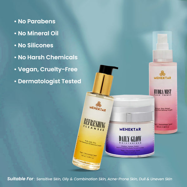 MEHEKTAR Oasis Daily Care Combo | Cleanser + Toner + Moisturizer | Complete Daily Skincare Routine | Gift Box