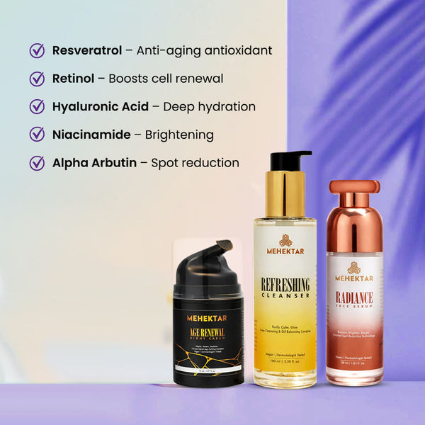 MEHEKTAR Overnight Repair Combo | Cleanser + Serum + Night Cream | Anti-Aging & Repair Routine | Premium Gift Box